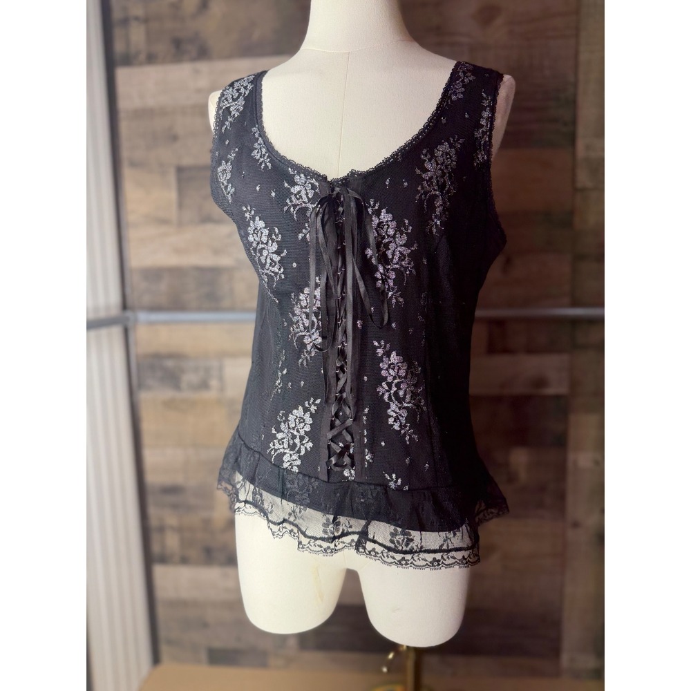 Black Lace Corset Top Silver Floral Embroidery Lace Up Ruffle Hem Sleeveless